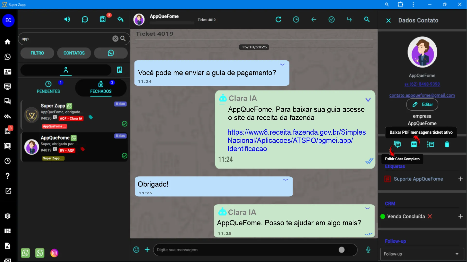 Tela do CRM Super Zapp mostrando histórico de atendimento