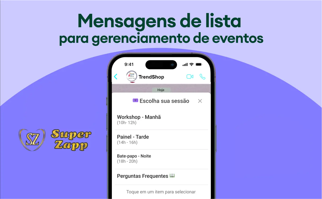 Inscrição em evento sendo feita no WhatsApp por meio de lista de opções automatizada da Super Zapp